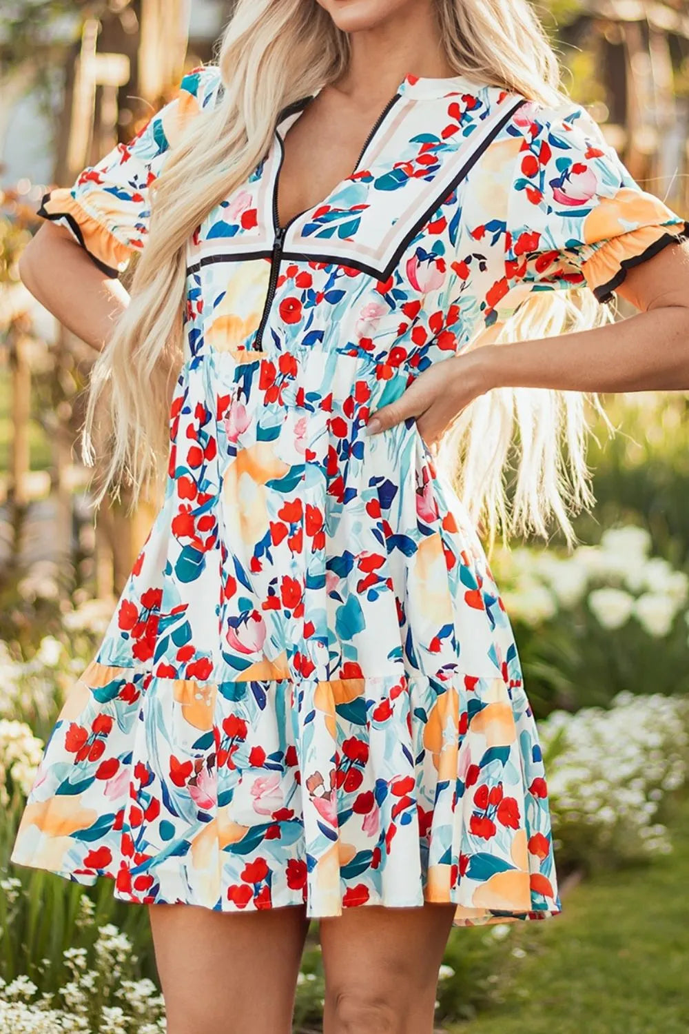 Floral Print Zipper Ruffled Short Sleeve High Waist Mini Dress OutfitFlow