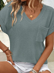 Waffle Knit V-Neck Casual T-Shirt OutfitFlow