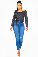 American Bazi Off Shoulder Lace Up Denim Jacket