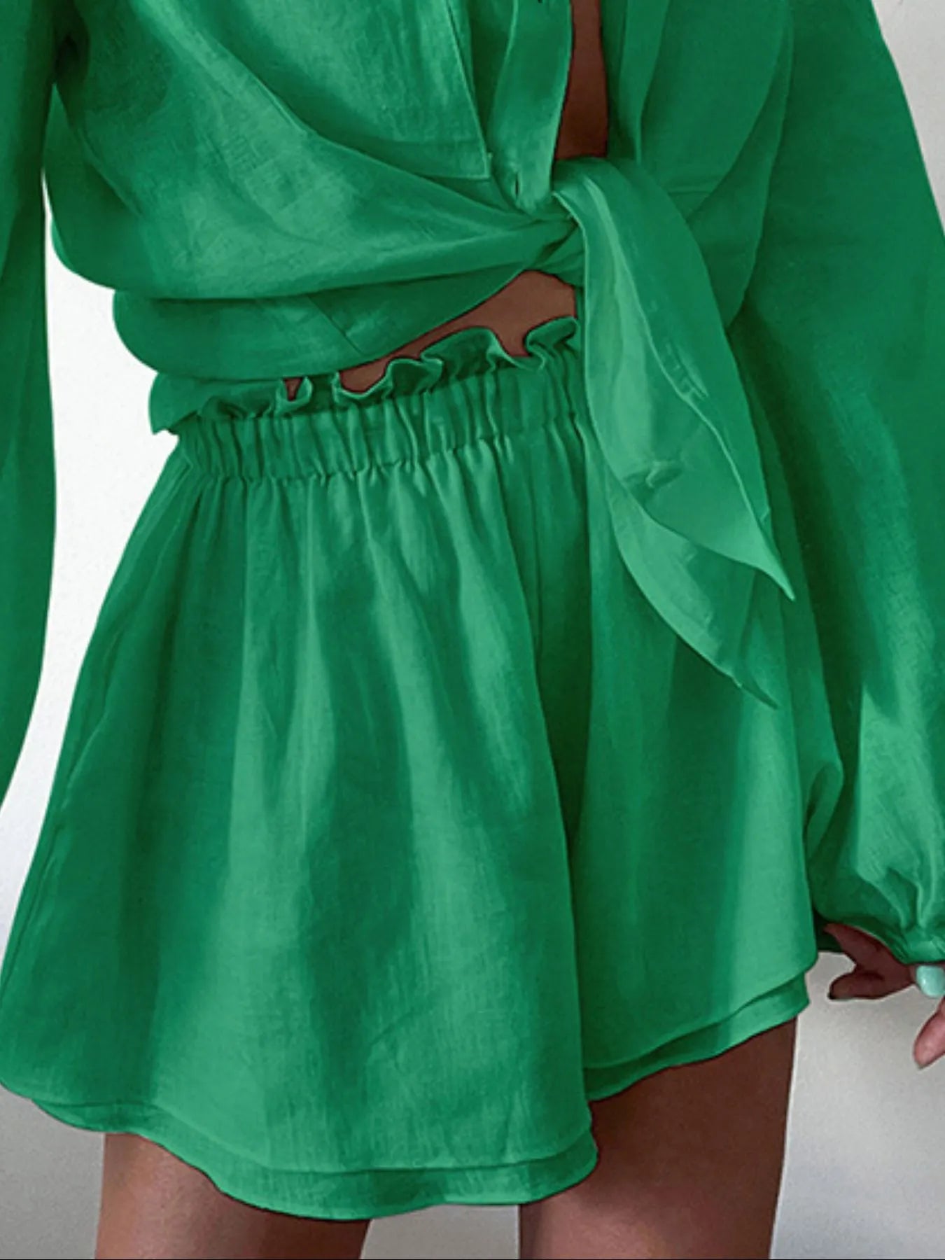 Full Size Button Up Balloon Sleeve Top and Shorts Set Plus Size OutfitFlow