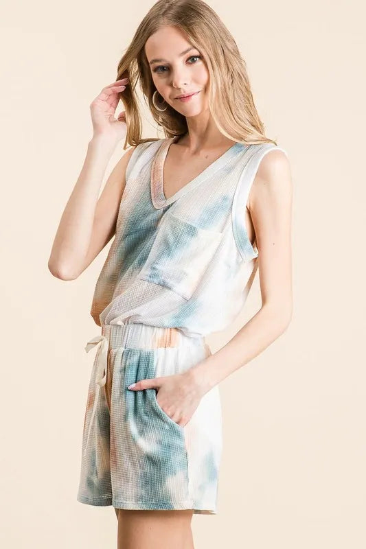 BiBi Tie Dye Textured Knit Top and Shorts Set OutfitFlow