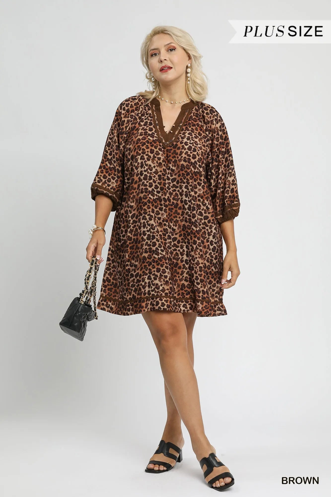 Umgee Full Size Leopard Print Mini Dress with Contrast Trim Plus Size Trendsi