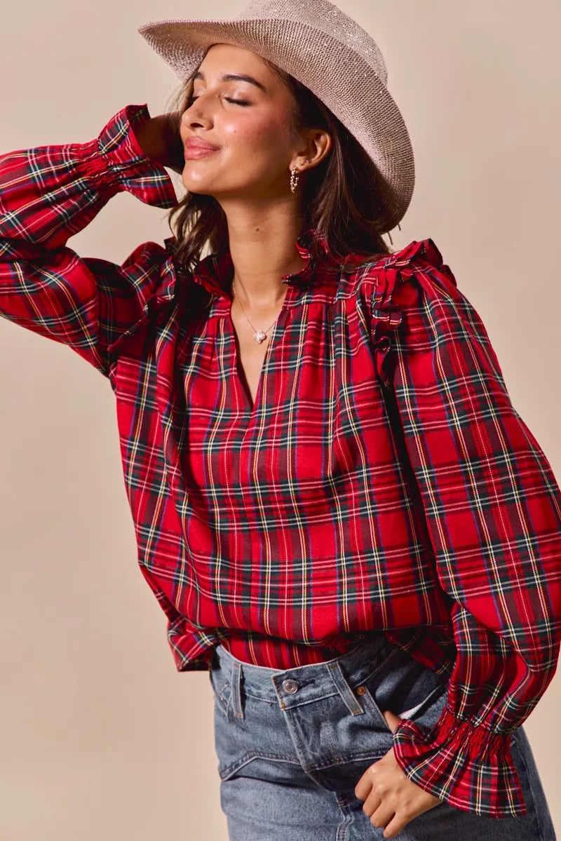 SO ME Christmas Checkered Plaid Smocked Blouse OutfitFlow