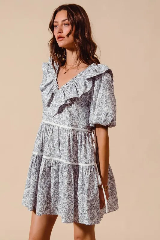 SO ME Cotton Printed Ruffle V Neckline Dress with Side Tie OutfitFlow