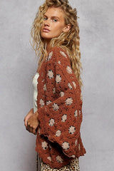 POL Openwork V-Neck Chenille Cardigan with Contrast Floral OutfitFlow
