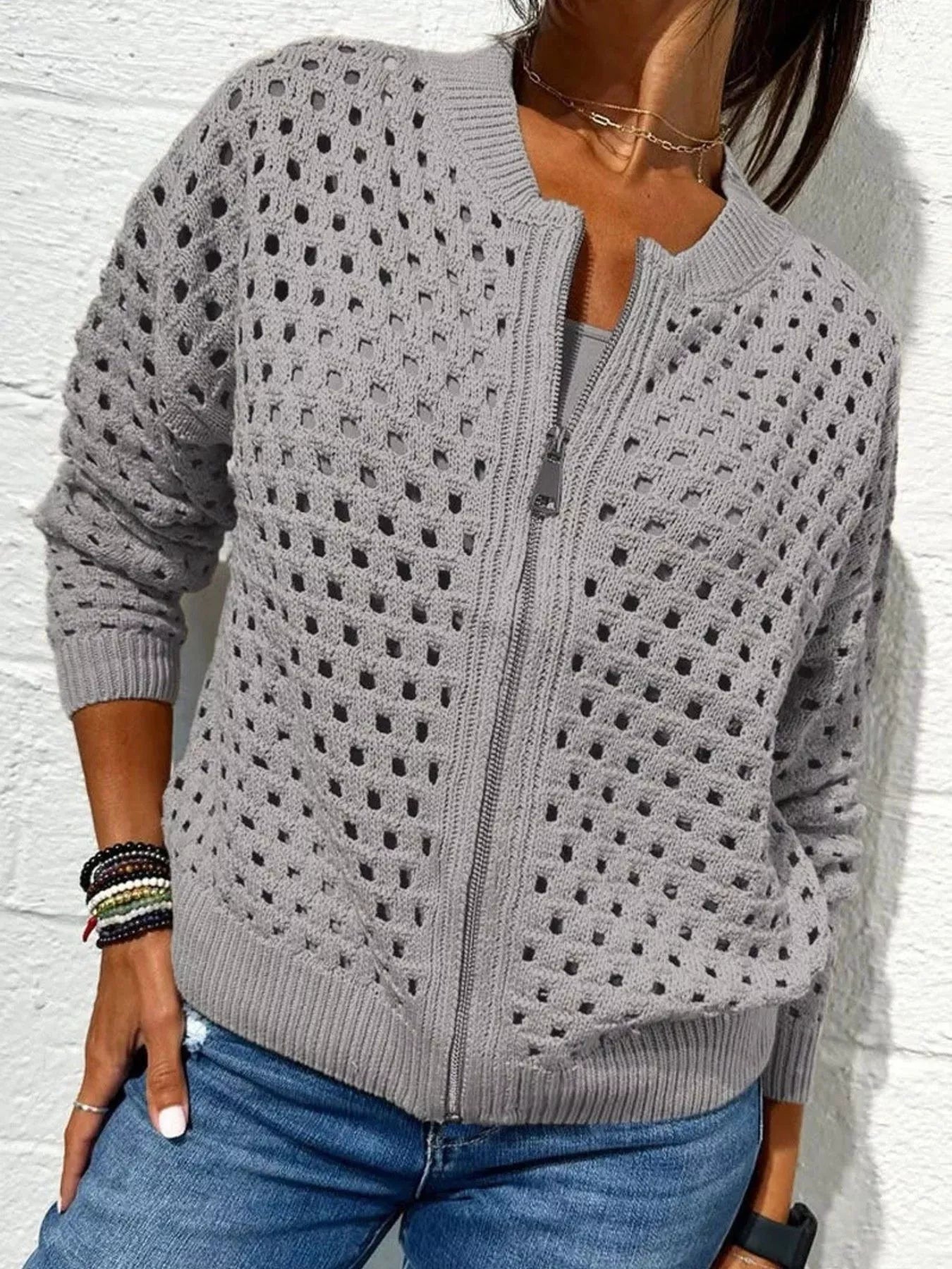 Full Size Zip Up Long Sleeve Cardigan with Eyelet Detail Plus Size Grey OutfitFlow