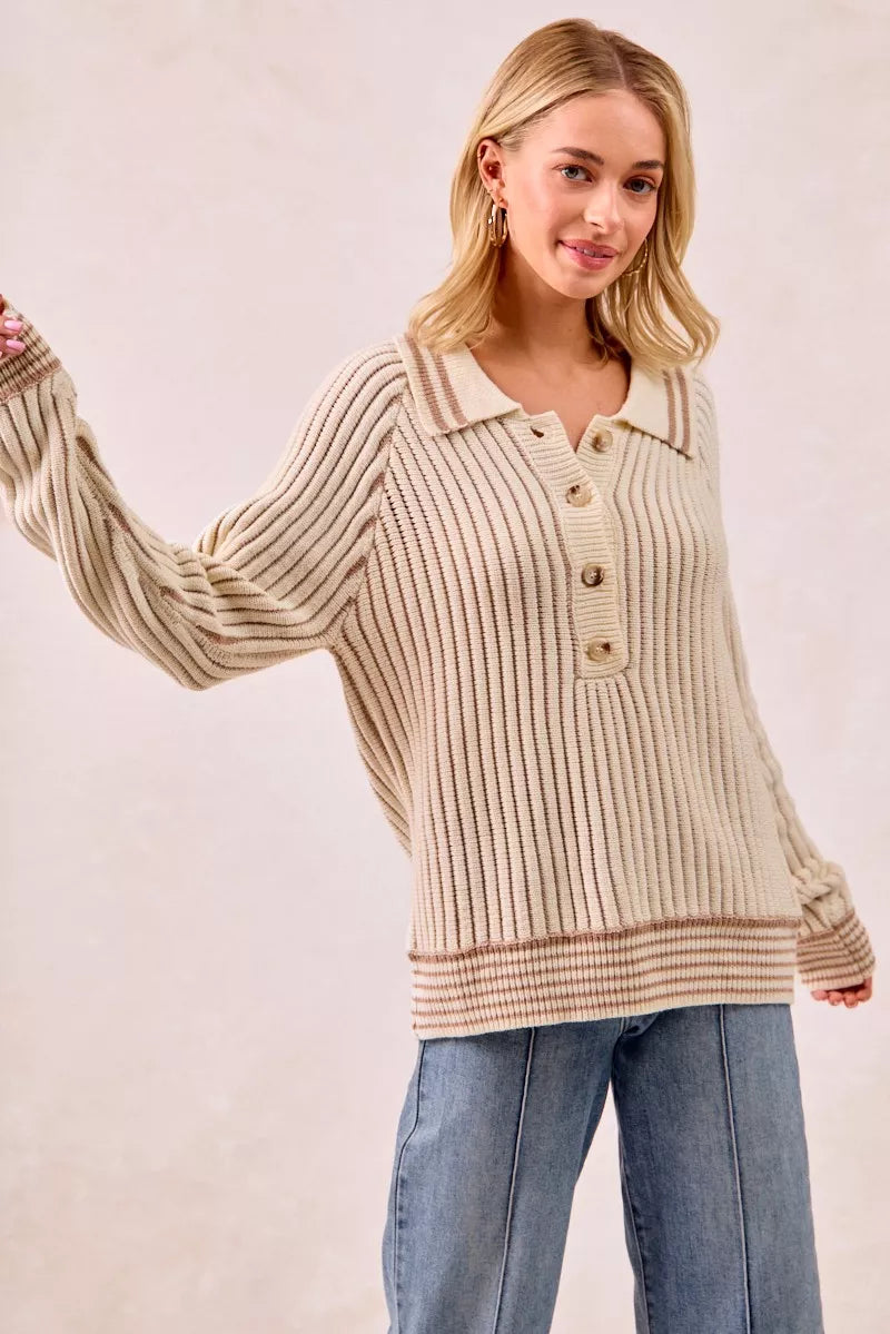 BiBi Half Button Ribbed Two Tone Sweater OutfitFlow