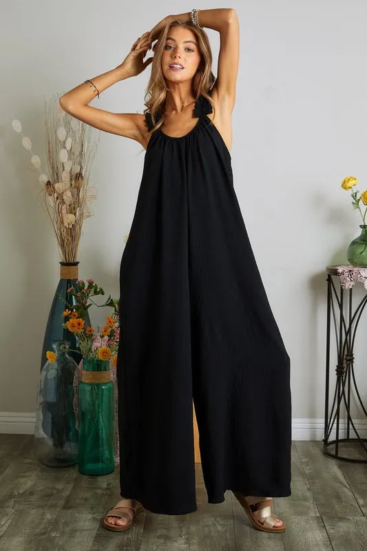 ADORA Full Size Elastic Ruffle Shoulder Jumpsuit Plus Size OutfitFlow
