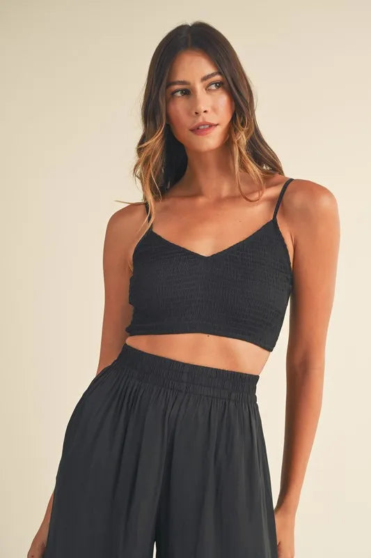 MABLE Smocked Bralette Crop Top and Wide Leg Pants Set OutfitFlow