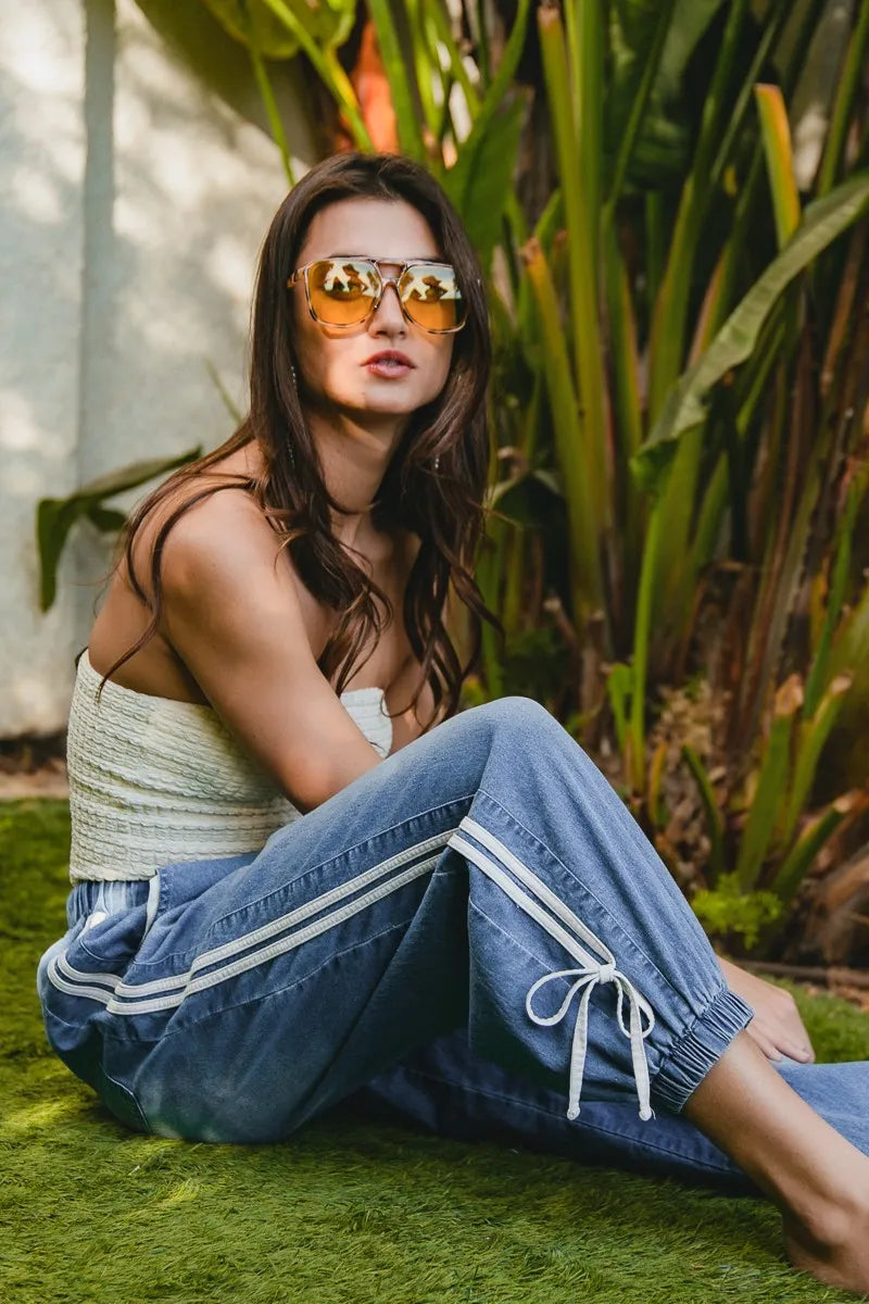 BiBi Striped Tape Details With Bot Tied Point Elastic Waist Jeans OutfitFlow