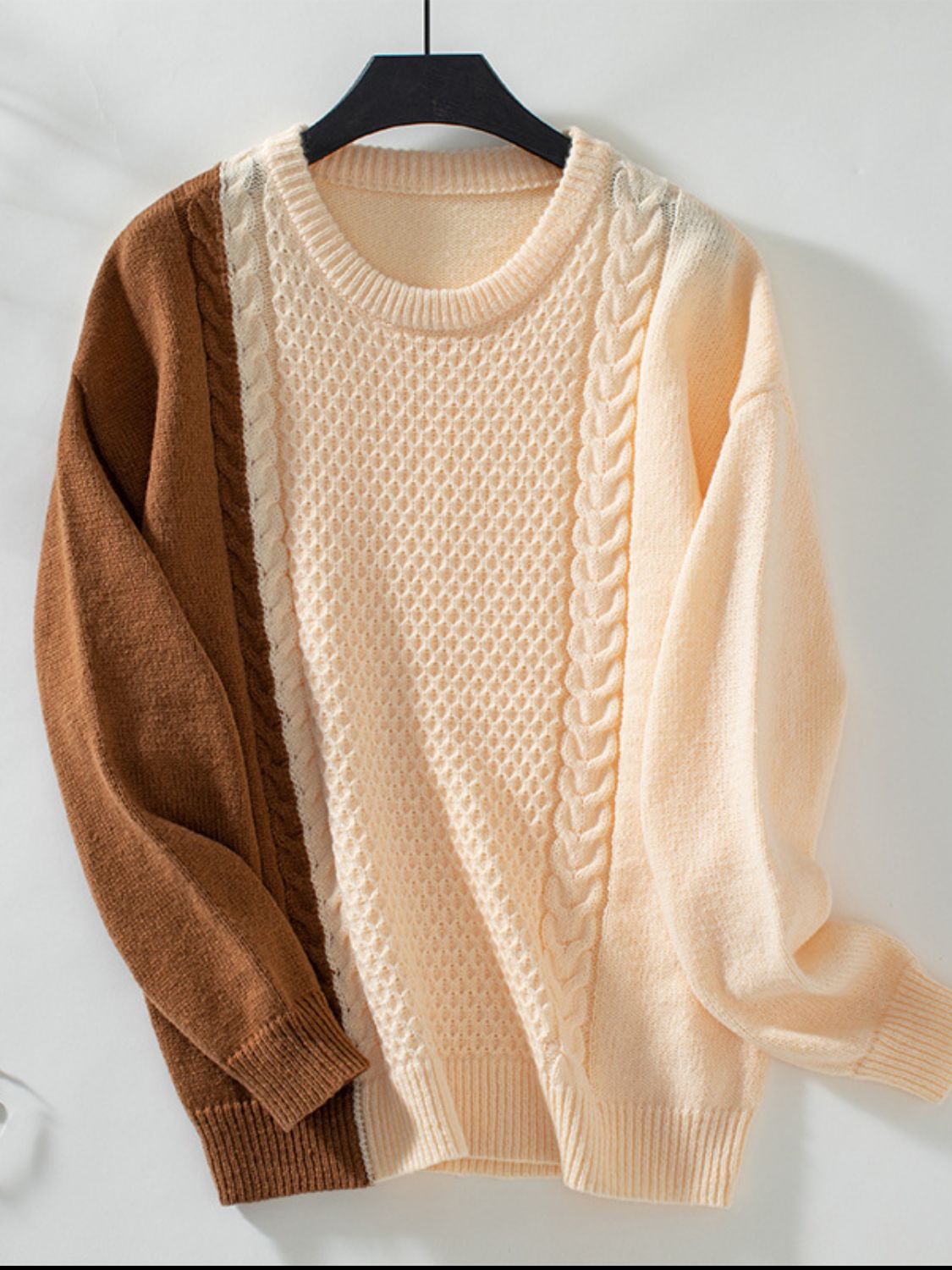 Outfit Flow - Two Tone Cable Knit Round Neck Long Sleeve Sweater