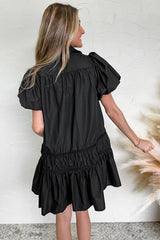 Button Down Puff Sleeve Ruffle Hem Dress OutfitFlow