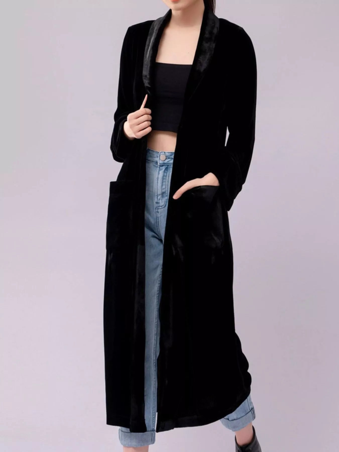 Velvet Lapel Collar Longline Coat Black Trendsi