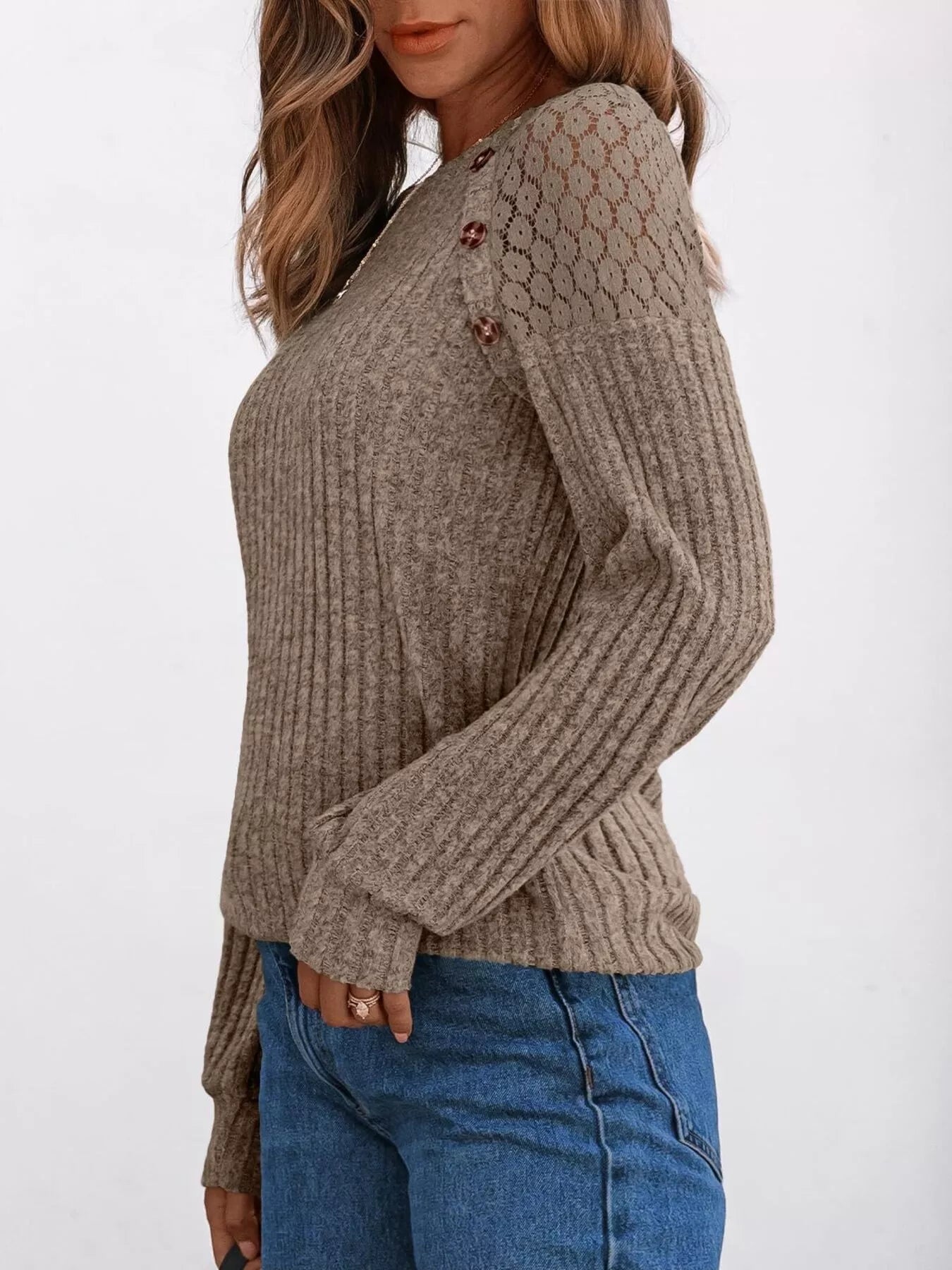 Ribbed Knit T-Shirt with Lace Shoulder Detail OutfitFlow