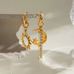 Sun Moon Asymmetric Drop Earrings Gold One Size OutfitFlow