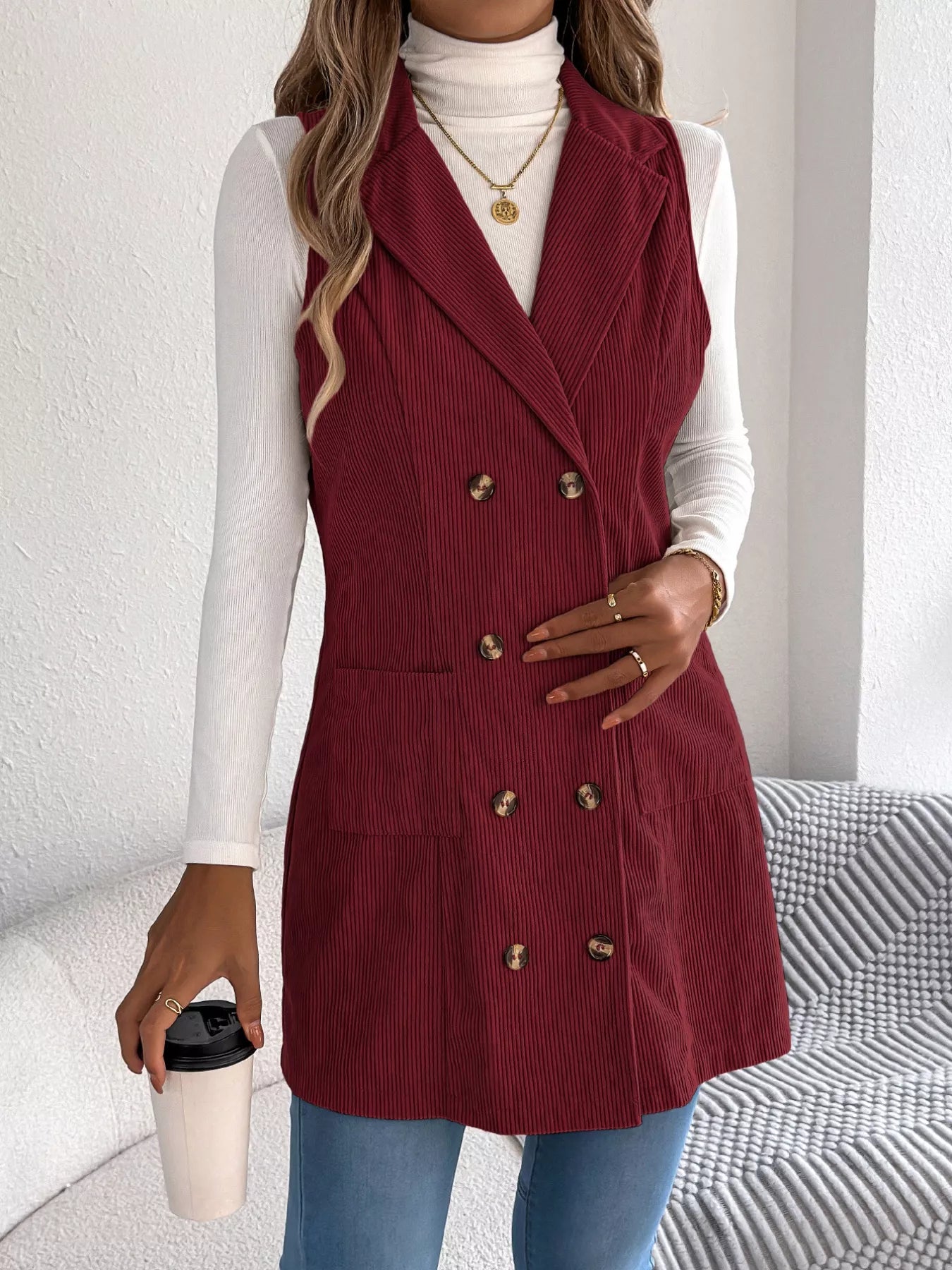 Double-Breasted Long Vest Coat Burgundy Trendsi