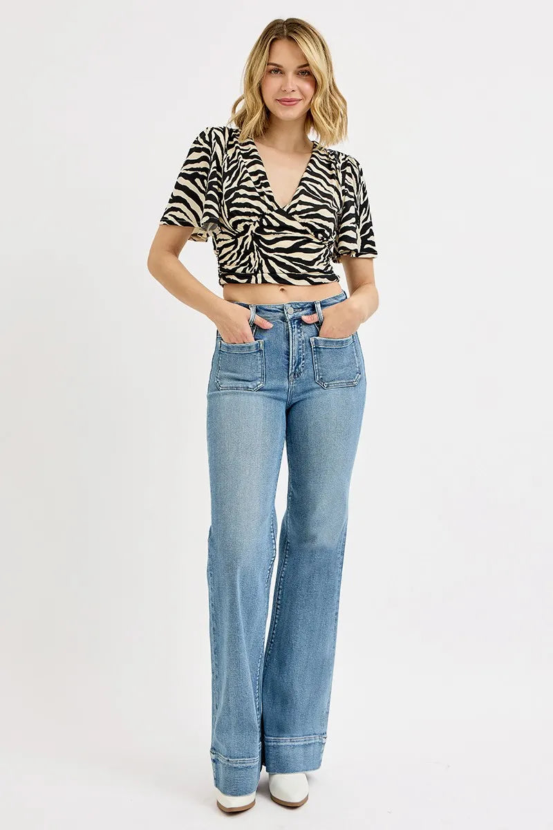 RISEN Full Size High Rise Wide Flare Patch Pocket Jeans Plus Size OutfitFlow