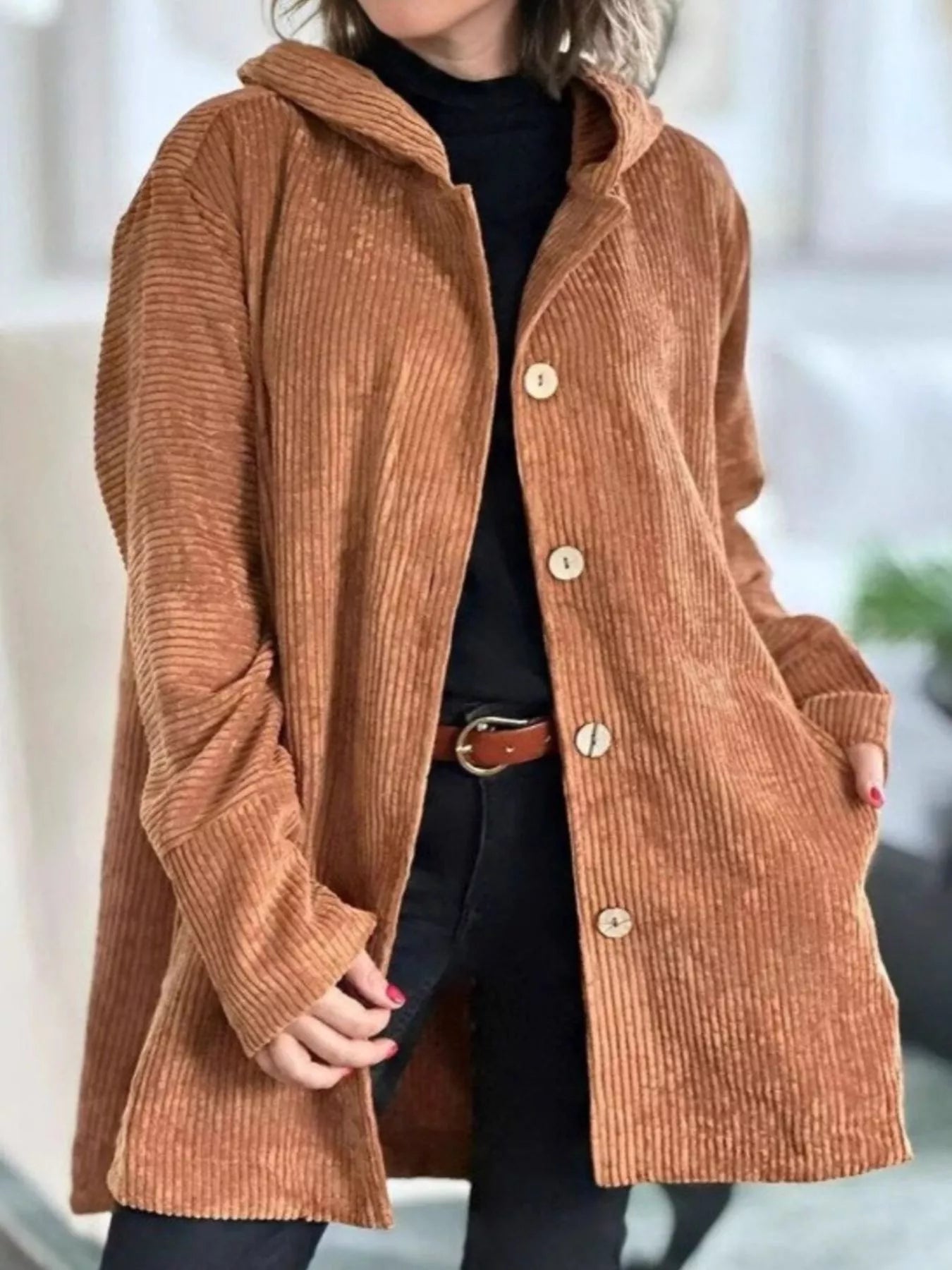 Full Size Corduroy Hooded Button-Up Jacket Plus Size Light Brown OutfitFlow