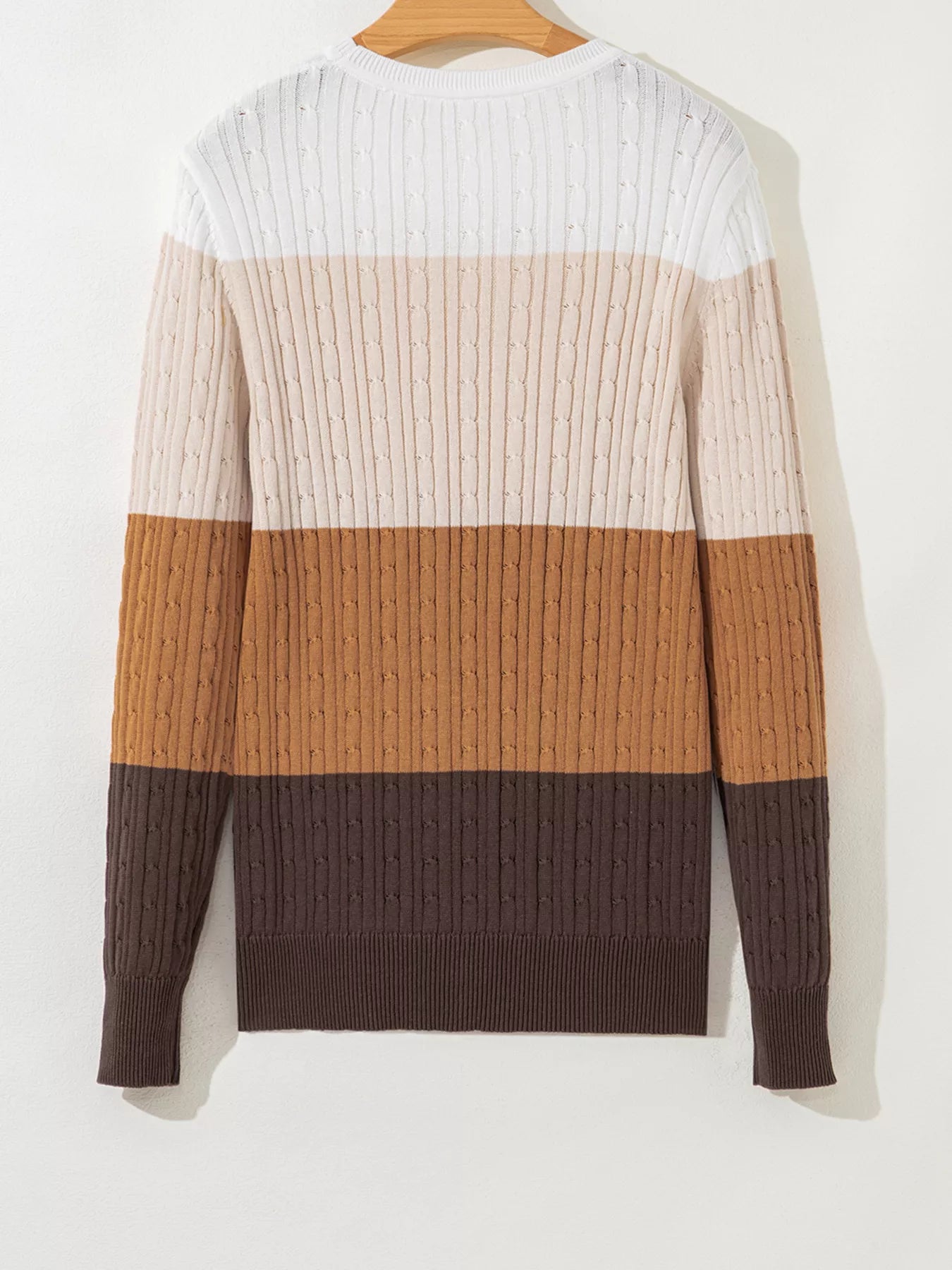Colorblock Cable Knit Round Neck Sweater OutfitFlow