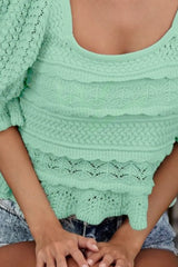 BiBi Square Neckline with Puff Sleeve Crochet Top OutfitFlow
