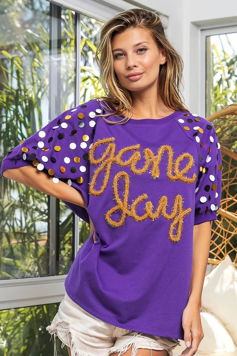 BiBi Game Day Metallic Letter Spangle Sleeve Top OutfitFlow