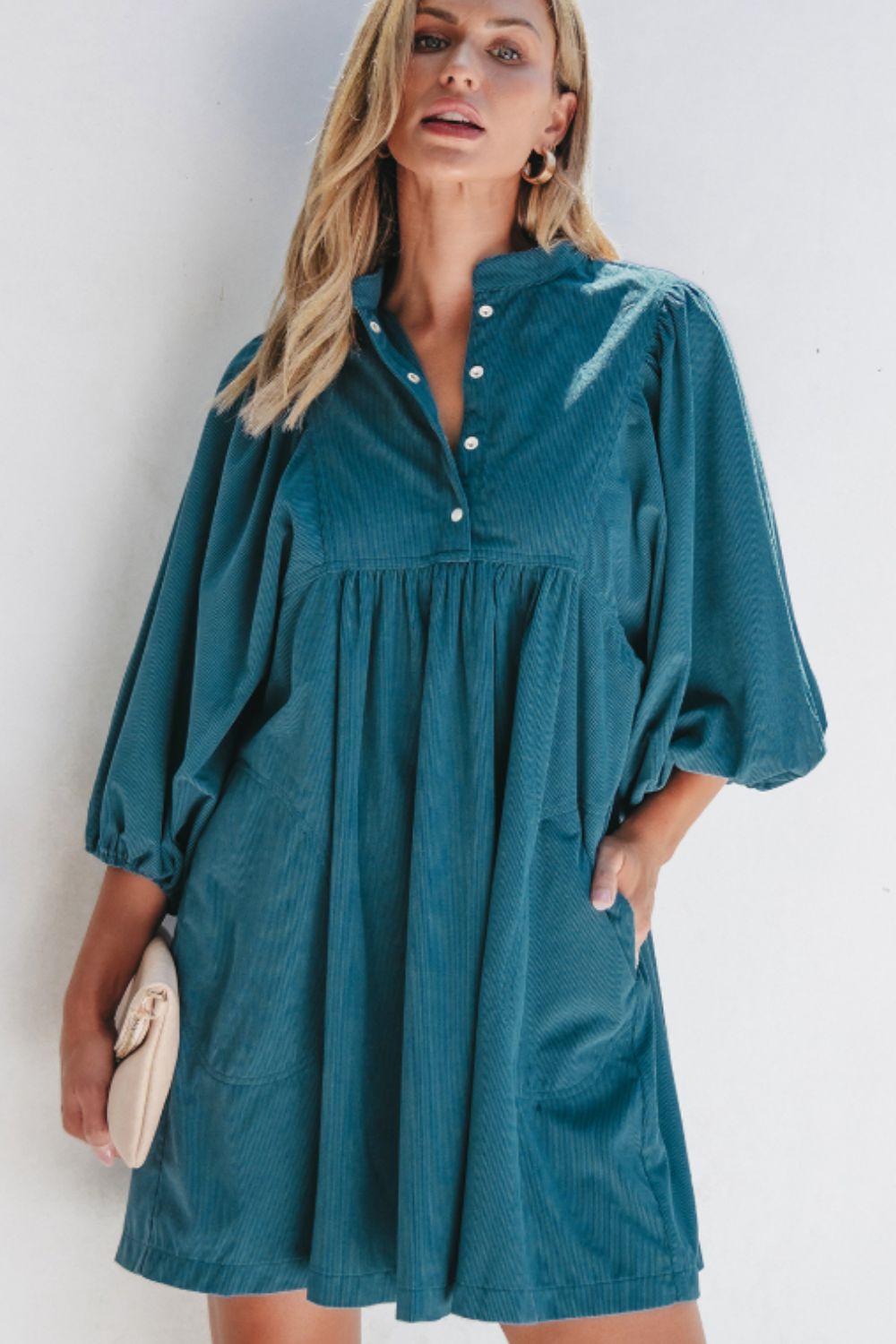 Corduroy Quarter Snap Three-Quarter Sleeve Dress OutfitFlow