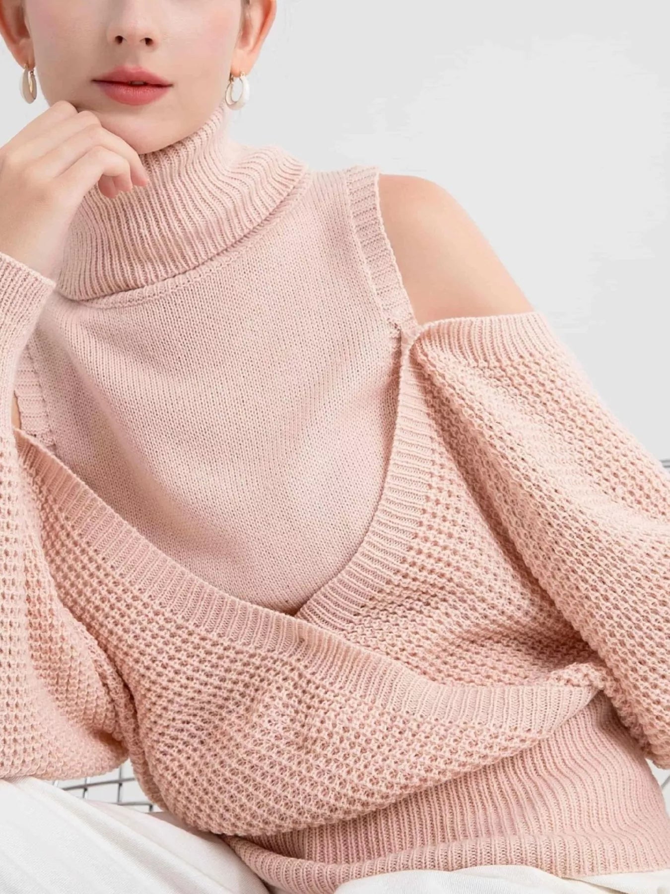 Waffle Knit Cold Shoulder Turtleneck Sweater OutfitFlow