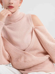 Waffle Knit Cold Shoulder Turtleneck Sweater OutfitFlow