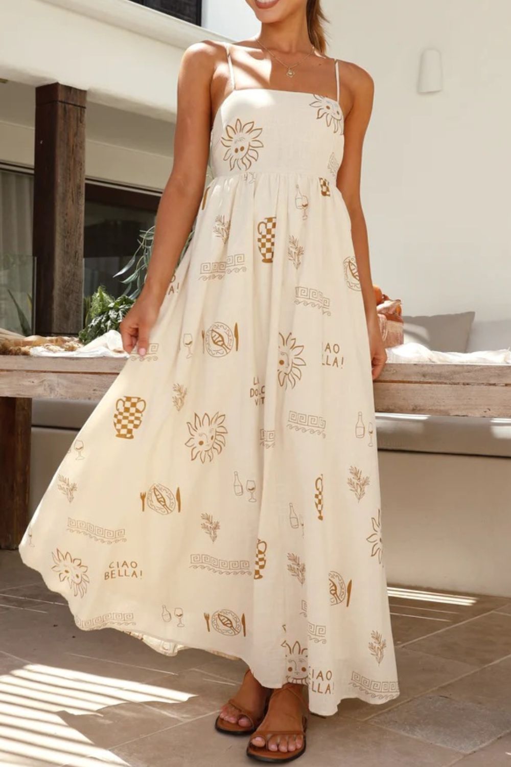 Printed Square Neck Maxi Cami Dress Beige OutfitFlow
