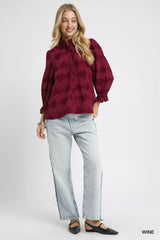 Umgee Heart Jacquard Ruffle Trim Shirt OutfitFlow