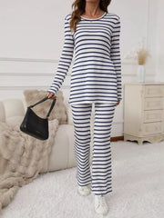 Slit Striped Long Sleeve Top and Pants Set OutfitFlow