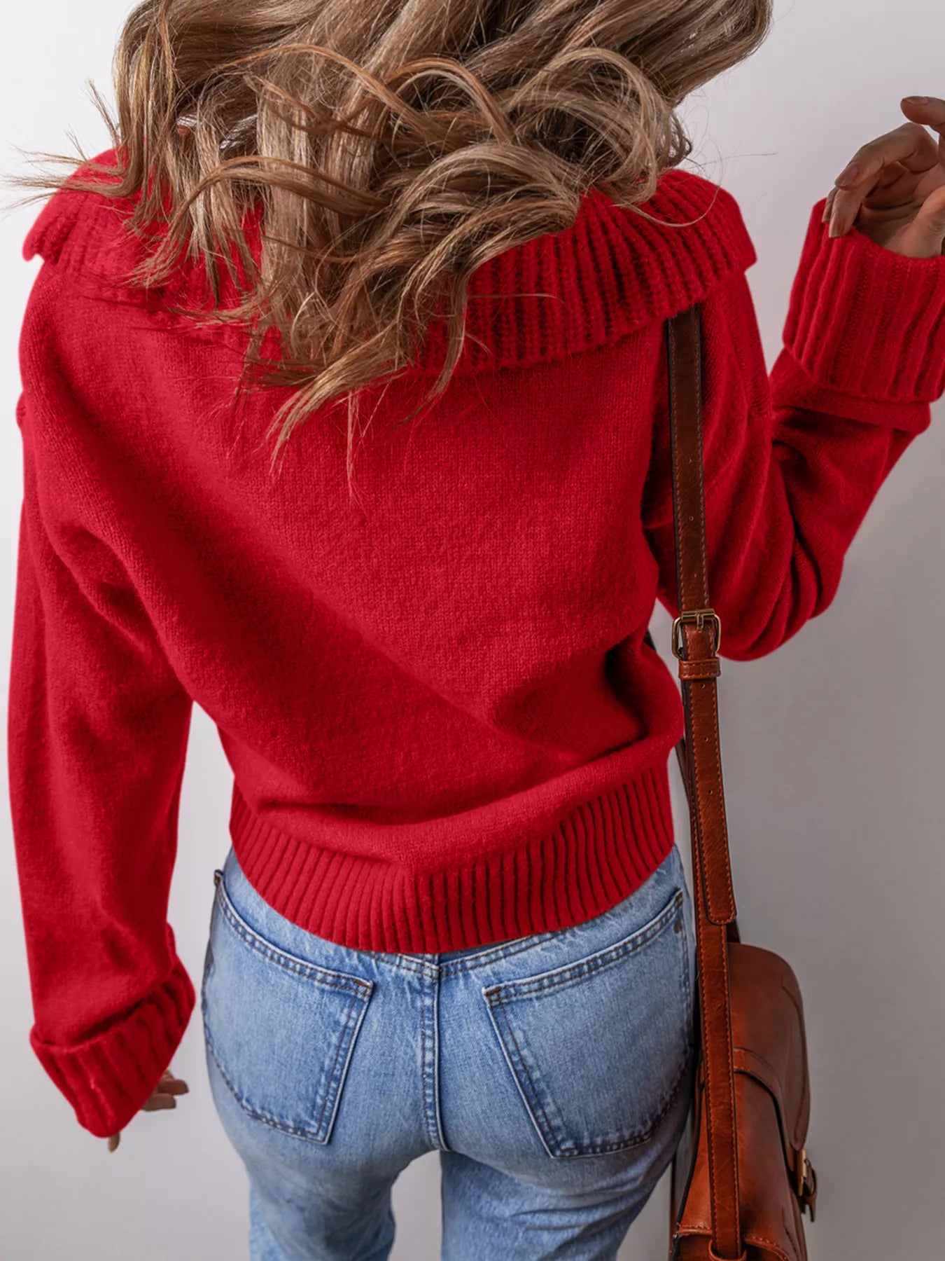 Collared V Neck Ribbed Edge Sweater OutfitFlow