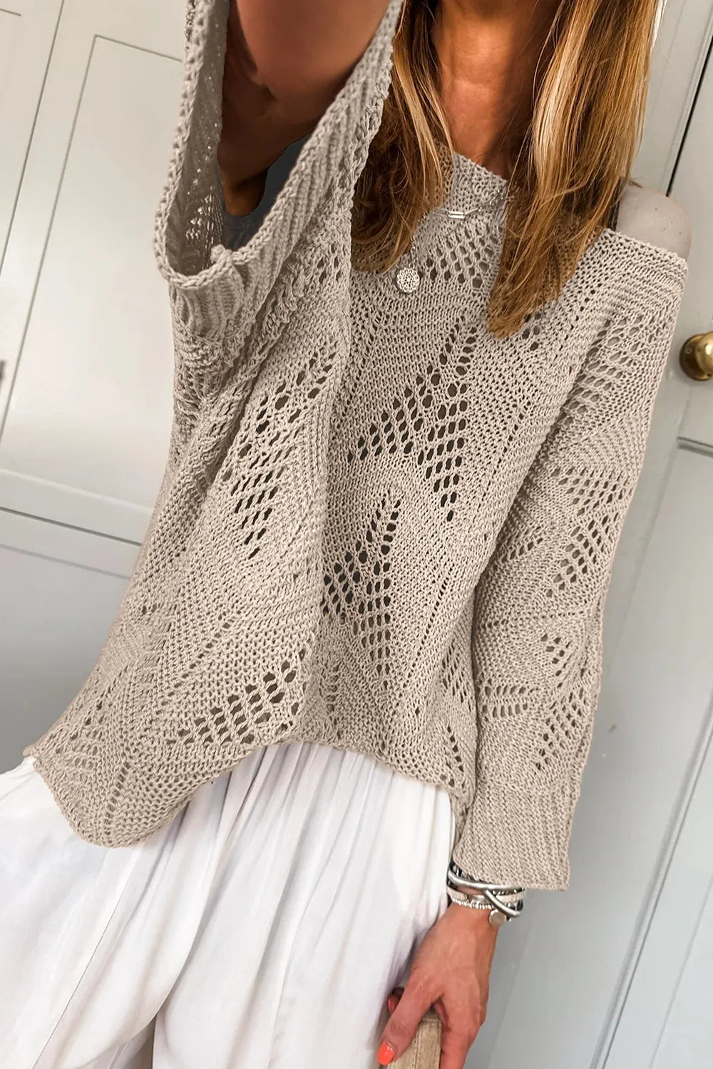 Openwork Round Neck Knit Top OutfitFlow