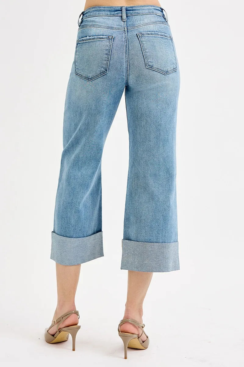 RISEN Full Size Tummy Control High Rise Ankle Wide Cuffed Jeans Plus Size OutfitFlow