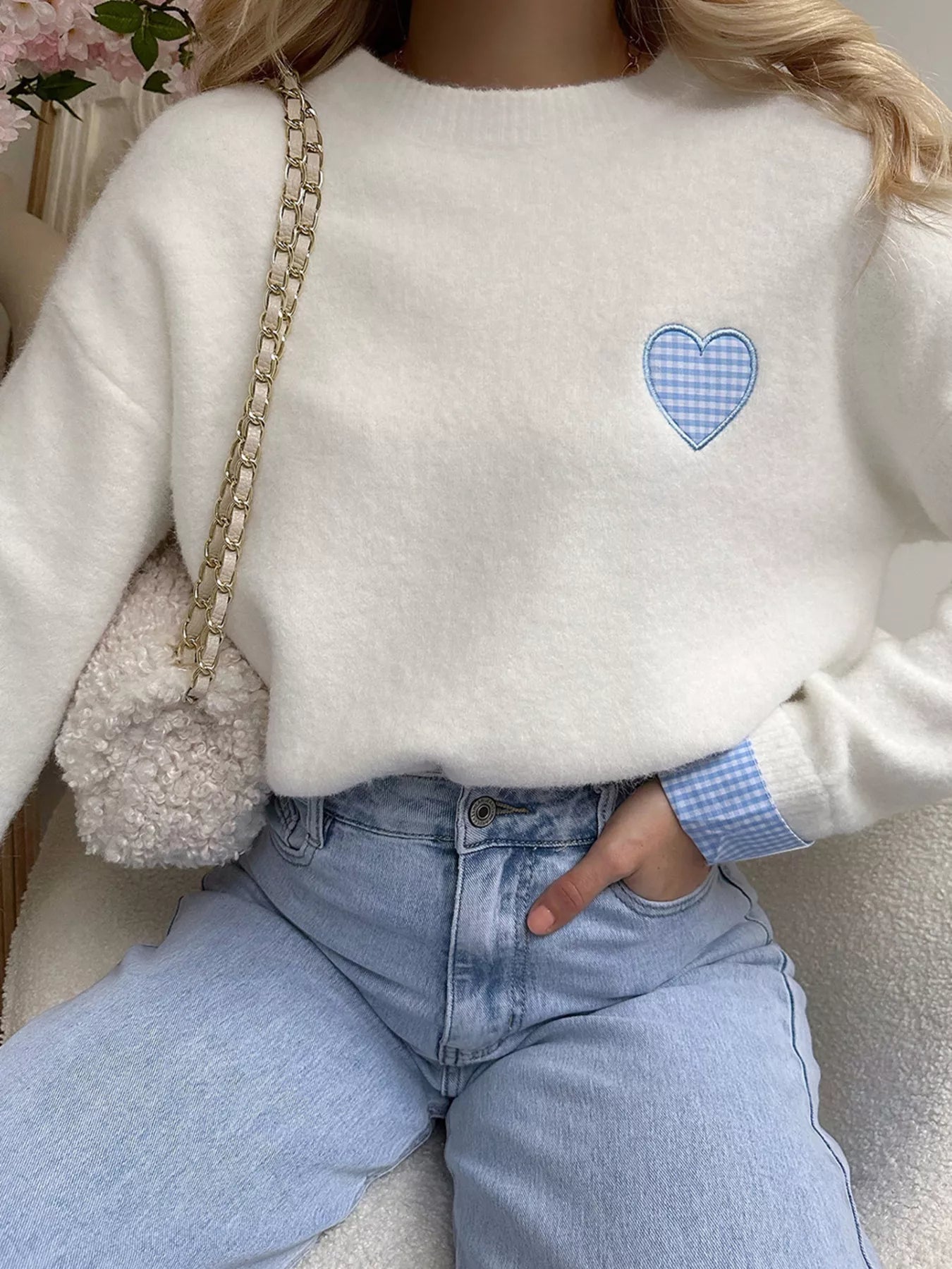 Plaid Heart Embroidered Cuffed Drop Shoulder Crew Neck Sweater White OutfitFlow