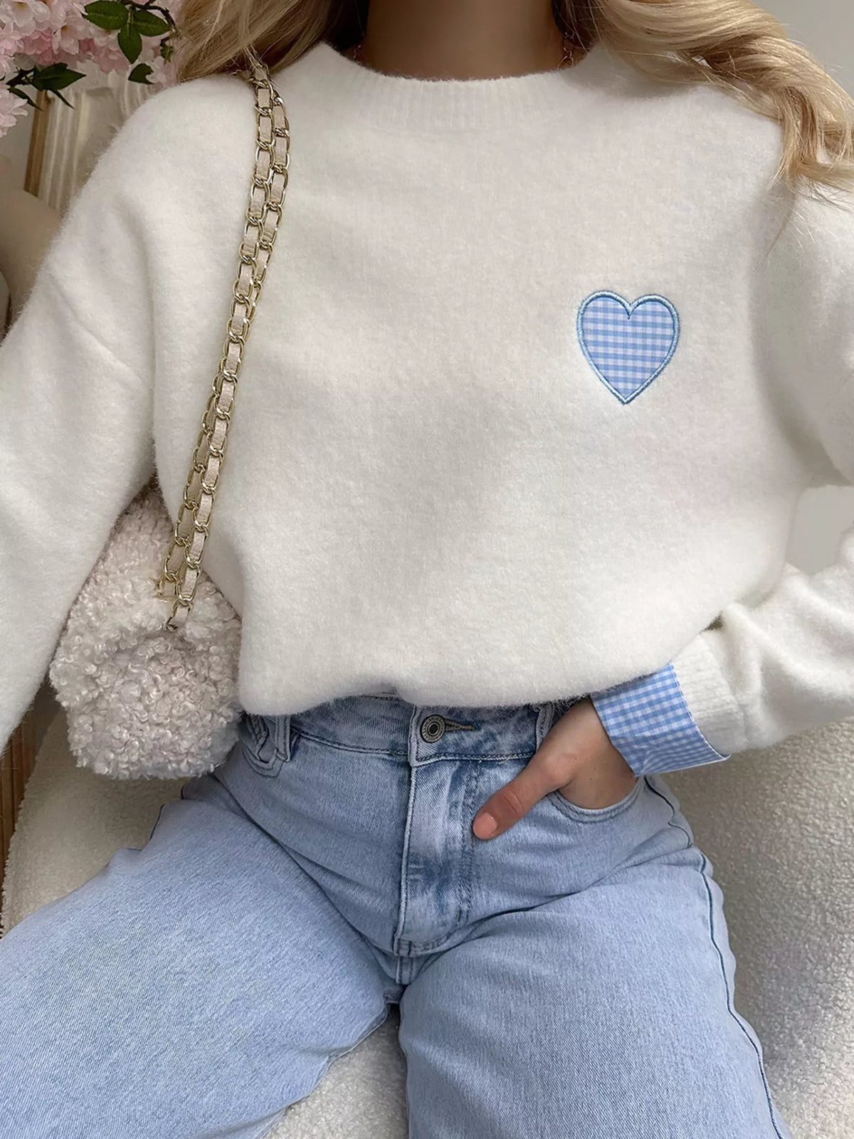 Plaid Heart Embroidered Cuffed Drop Shoulder Crew Neck Sweater White OutfitFlow
