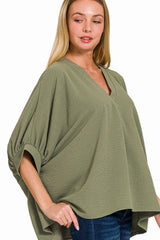 Zenana Woven Airflow V-neck Puff Half Sleeve Top OutfitFlow