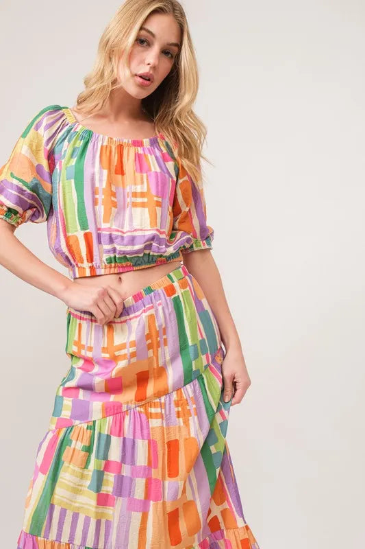 And The Why Puff Sleeve Elastic Edges Geo Printed Crop Top OutfitFlow