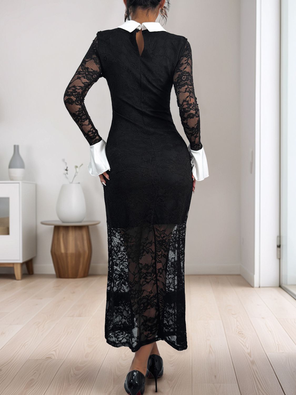 Outfit Flow - Perfee Lace Contrast Collared Neck Long Sleeve Midi Dress