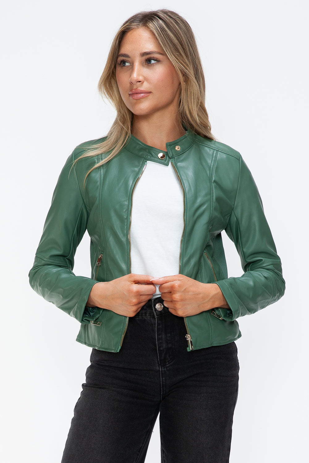 Outfit Flow - Snobbish Faux Leather Zip Up Drawstring Hooded Jacket