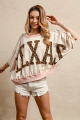 BiBi Leopard Print Texas Patchwork Overlock Stitch Top OutfitFlow