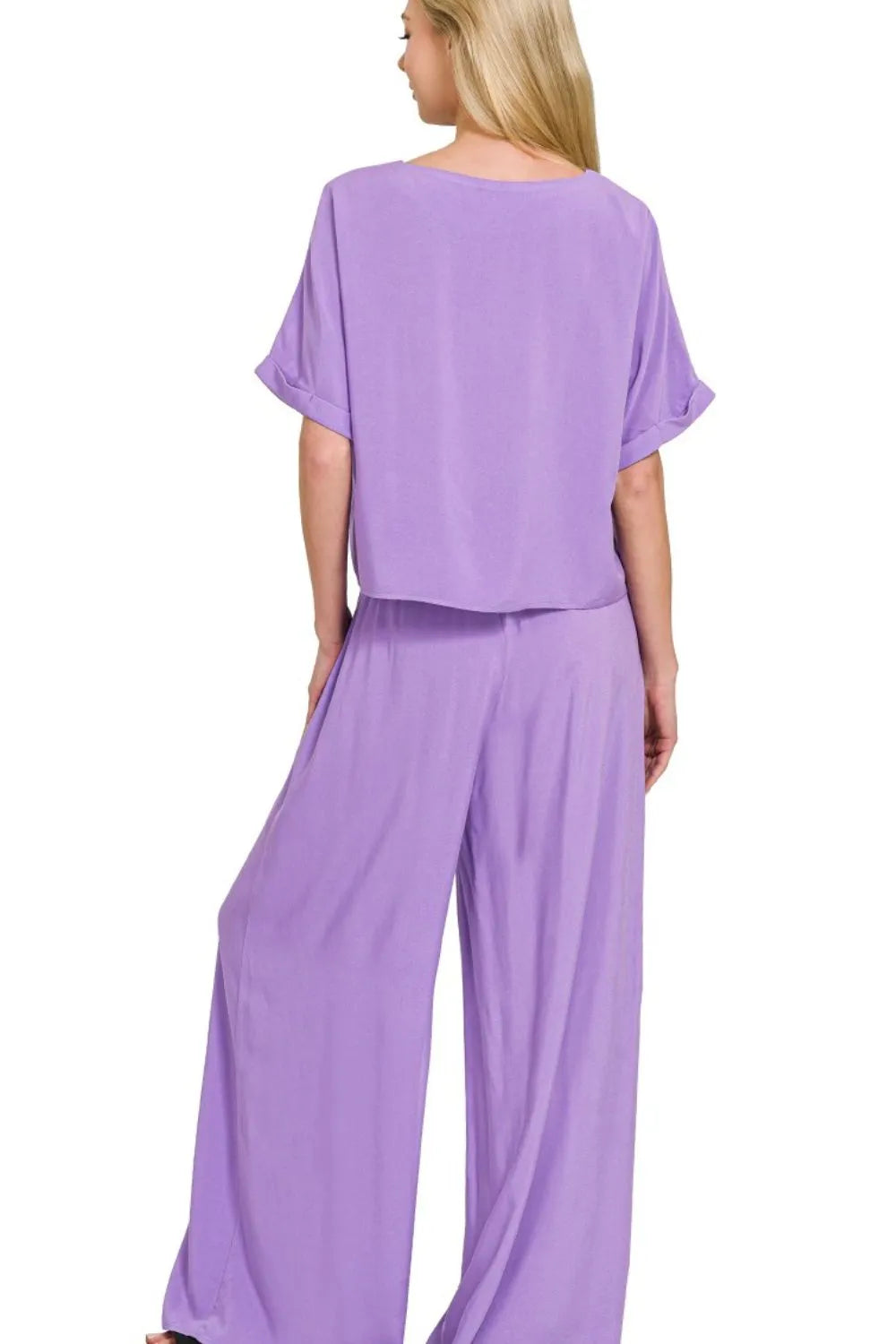 Zenana Round Neck T-Shirt and Wide Leg Pants Set OutfitFlow