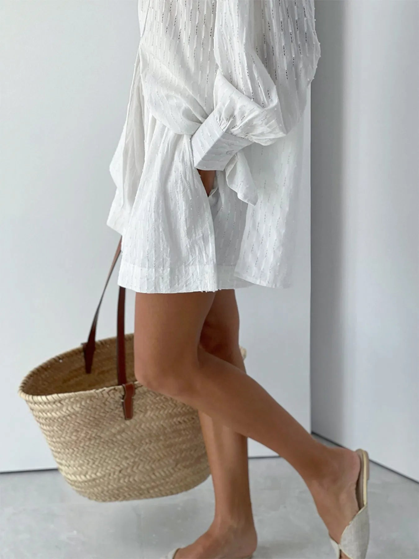 Textured Button-Up Shirt and Shorts Set OutfitFlow