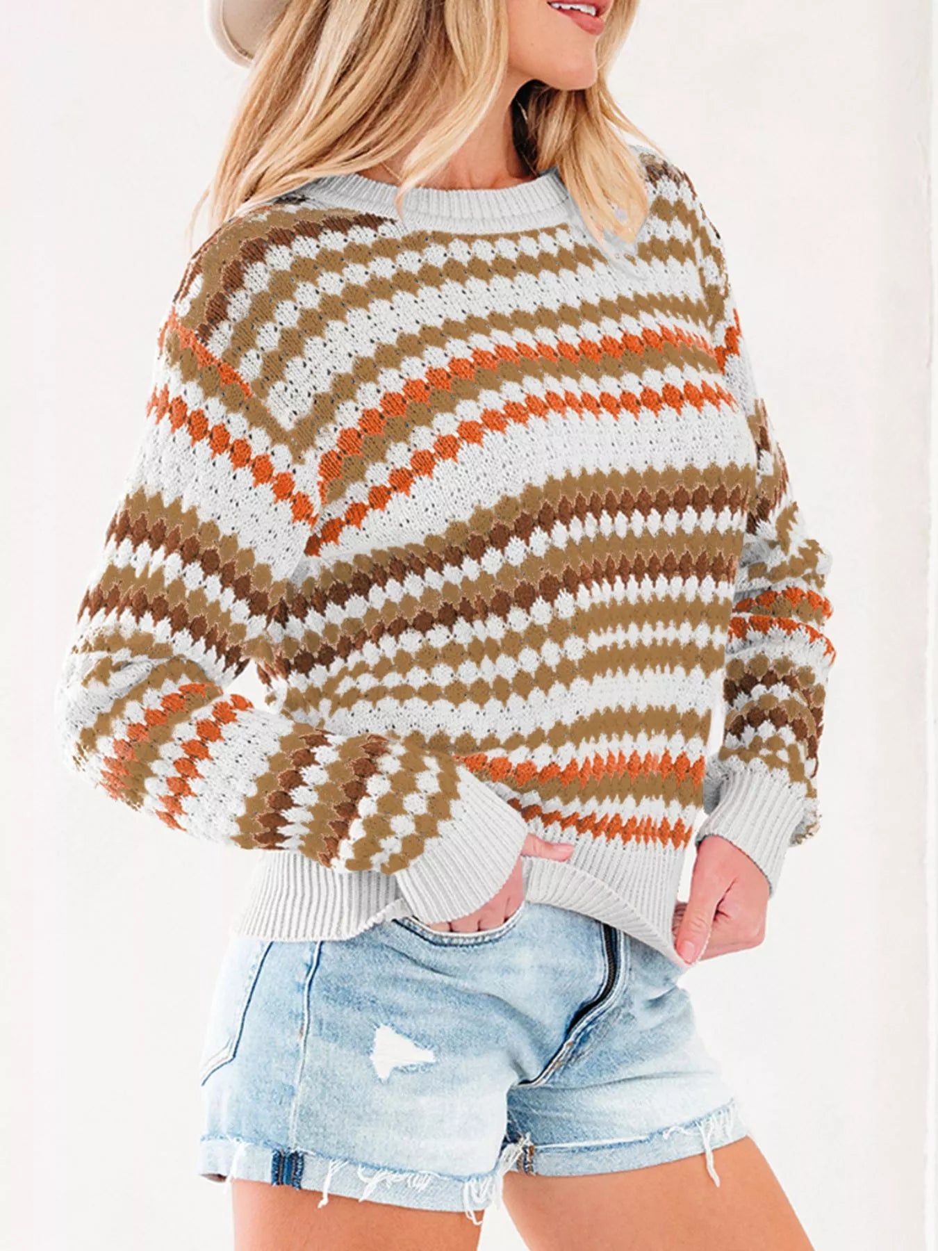 Stripe Eyelet Patterned Drop Shoulder Sweater OutfitFlow
