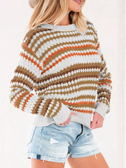 Stripe Eyelet Patterned Drop Shoulder Sweater OutfitFlow