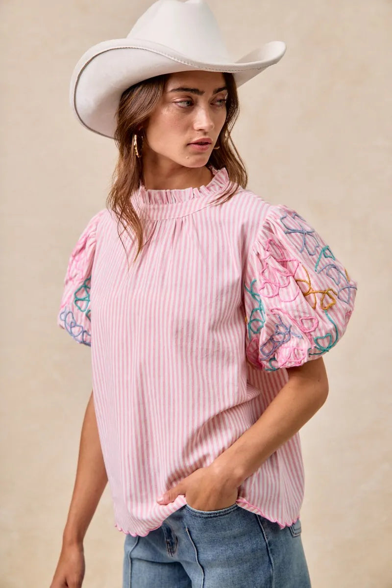 BiBi Embroidery Bubble Sleeve Top With Bottom Scallop Detail OutfitFlow