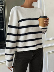 Striped Round Neck Long Sleeve Knit Top OutfitFlow