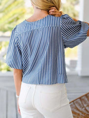 Tie Front Puff Sleeve Striped Blouse OutfitFlow