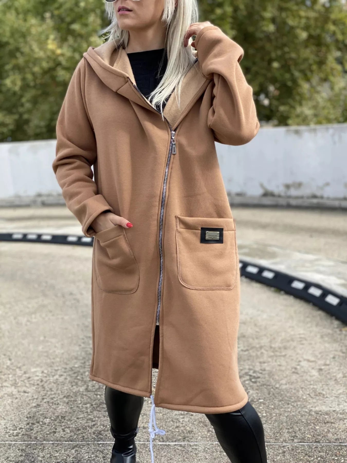 Full Size Asymmetrical Zip-Up Hooded Fleece Outerwear Plus Size Khaki Trendsi