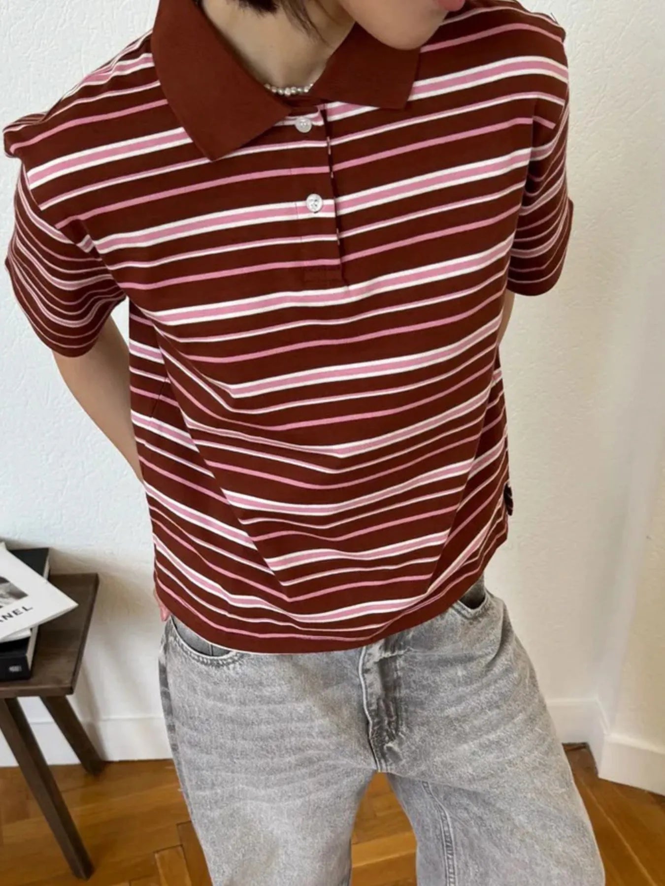 Striped Polo T-Shirt with Contrast Collar OutfitFlow